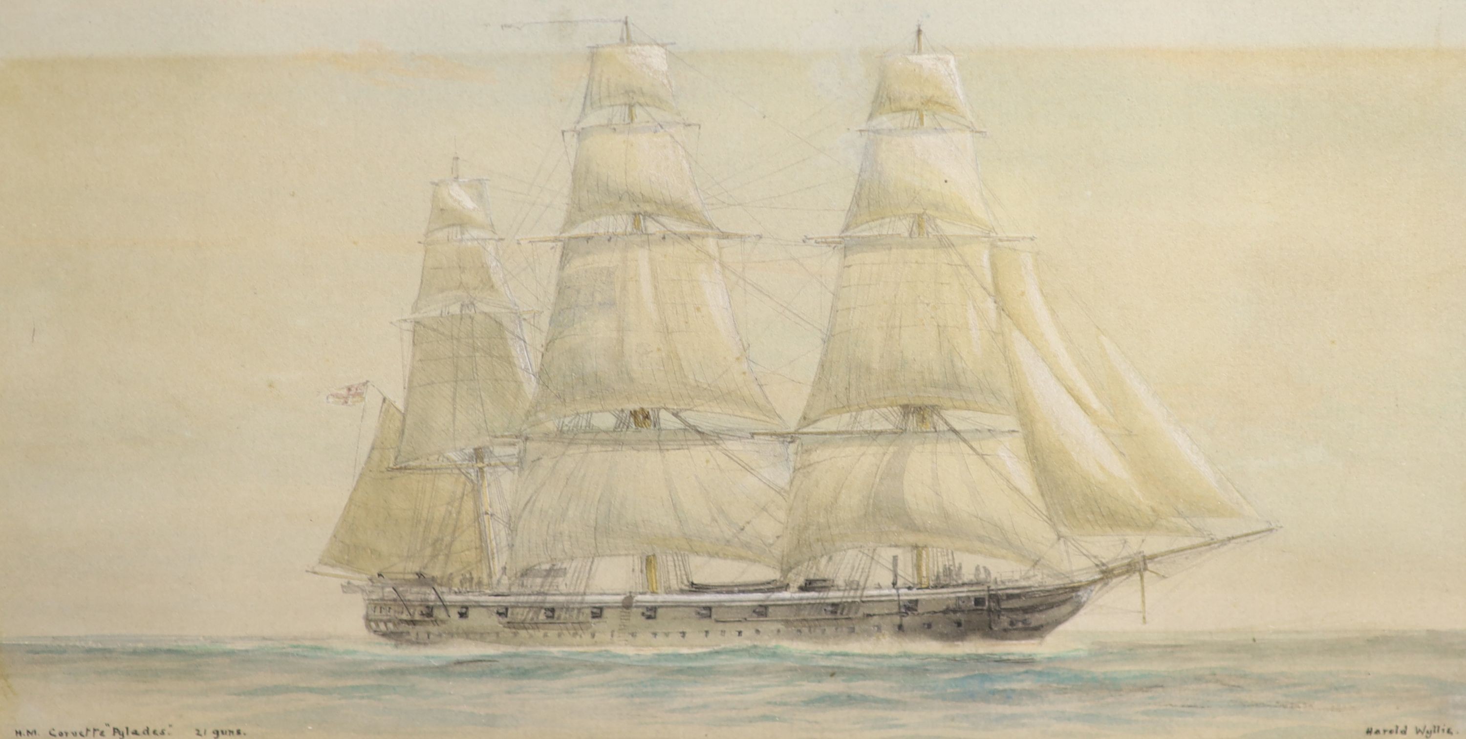 Harold Wyllie (1880-1975), watercolour, 'HM Corvette Pylades', signed, 13 x 25cm.